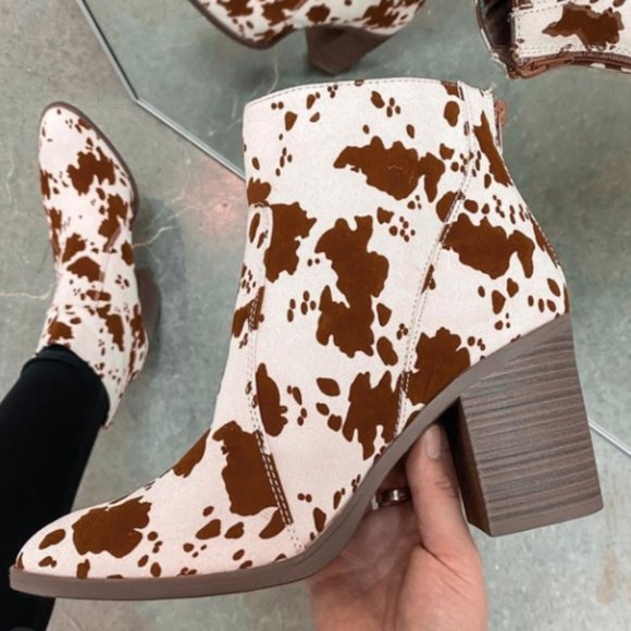 Qupid Shoes - SALE! Brown Cow Print Ankle Boots